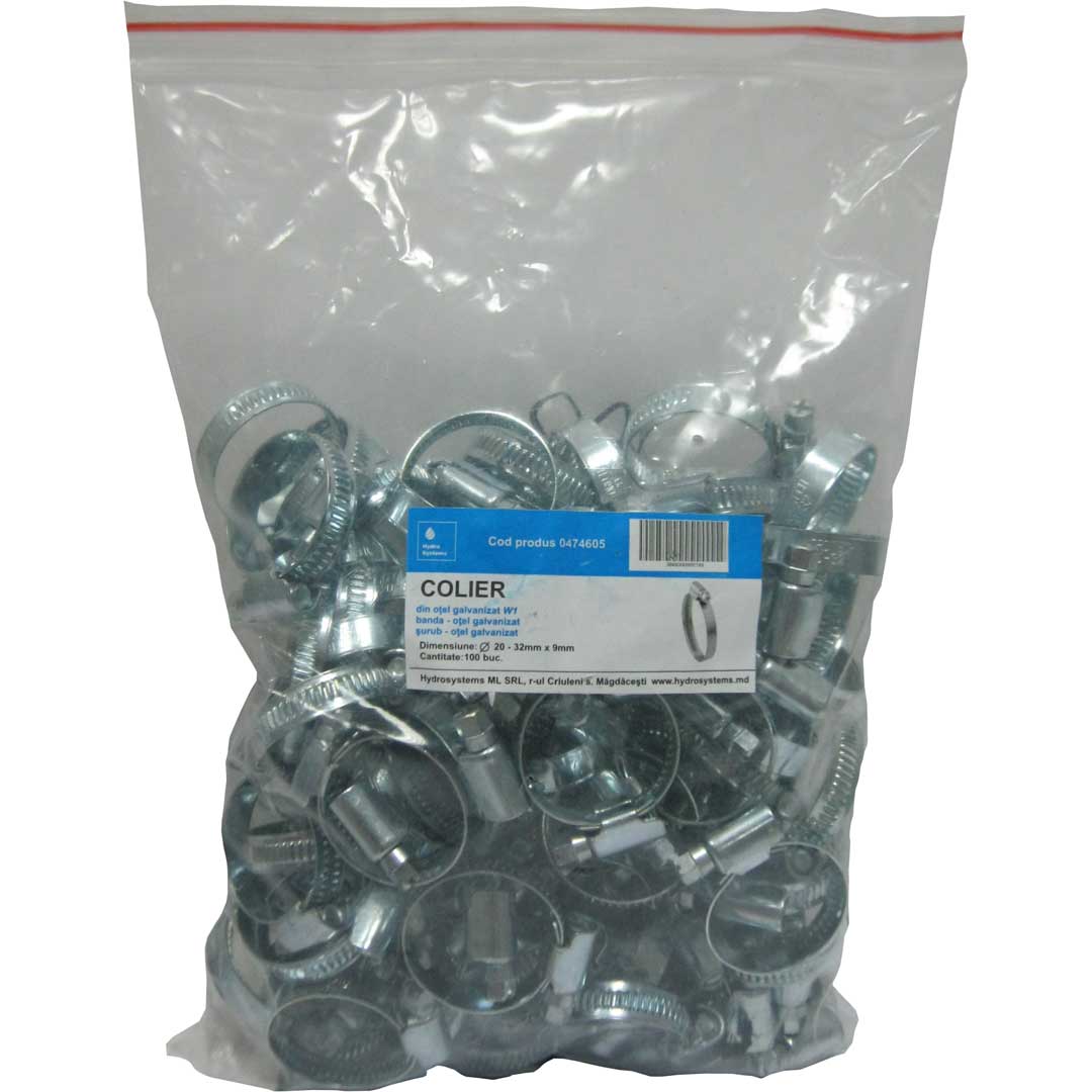Colier din oțel galvanizat W1, 9 mm, pachet 100 buc. - 20-32